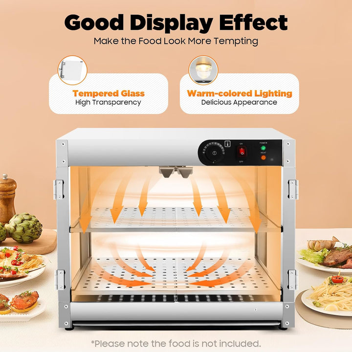 800W Warmhaltevitrine Edelstahl 2 Ebenen 30-85°C Thekenvitrine | für Bäckerei/Café/Kantine/Fast Food