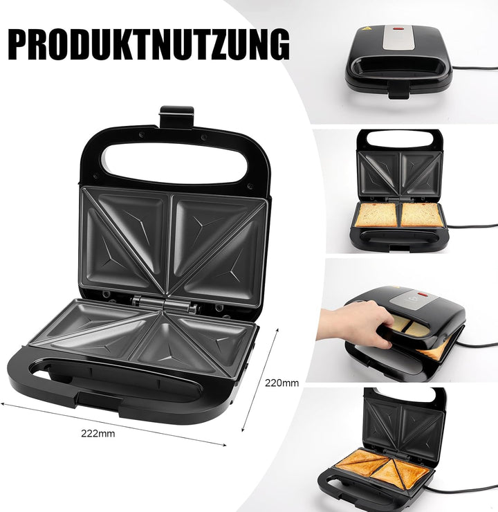 Sandwichmaker, 750W Sandwichtoaster, Antihaft-Beschichtung, Aufwärm-Anzeige, Cool Touch Gehäuse, Ide
