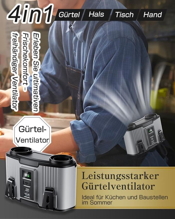 SLuB Tragbarer 4-in-1 Ventilator: Hand-, Hals-, Gürtel- und Tischnutzung. 10 Windgeschwindigkeiten,