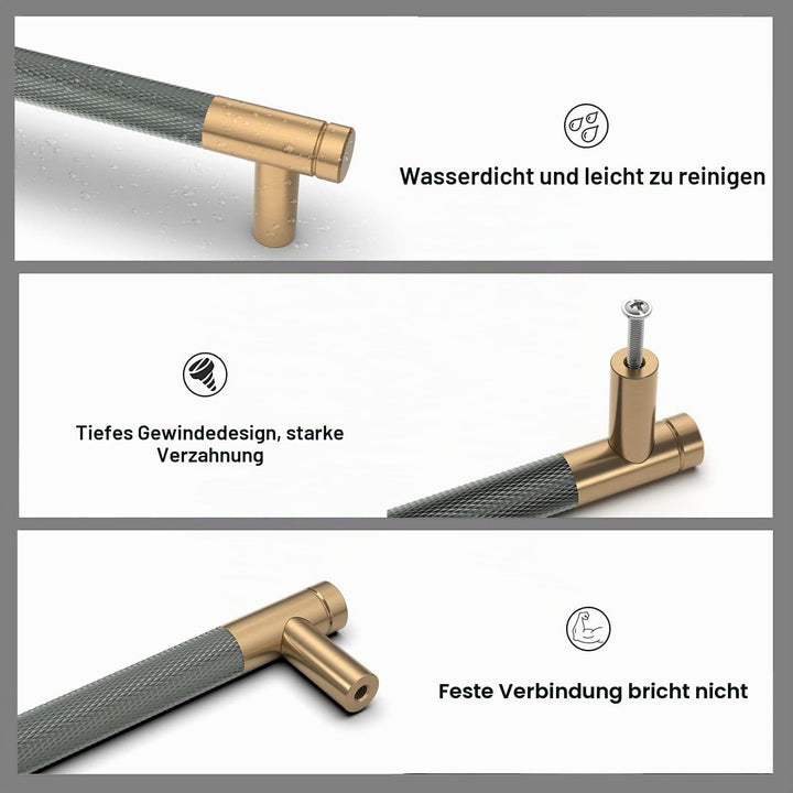 Amerdeco 10 Stück Gerändelte Schrankgriffe Goldgrau Griffe Möbel Möbelgriffe 160mm Lochabstand Türgr