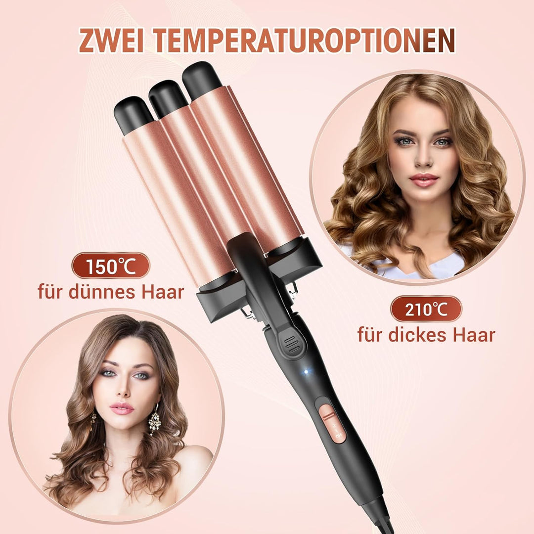 Lockenstab 3 Fässer Beach Waves - Welleneisen für Haare Einstellbar Schnell Erhitzendes für Langes K