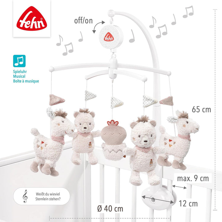 Fehn Musik Mobile Peru - Baby Einschlafhilfe Musikspielzeug mit süssen Tieren - Babymobile Spieluhr