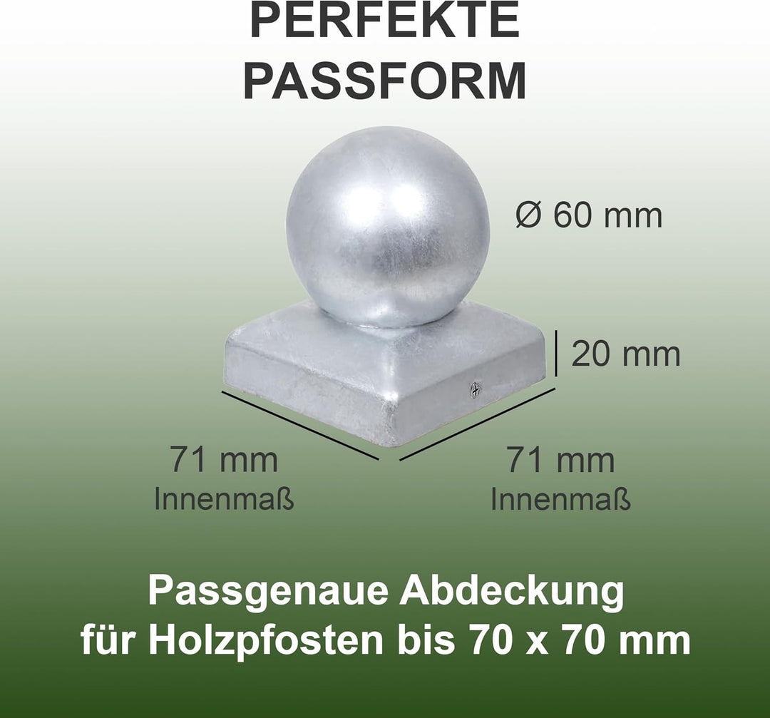 h2i Pfostenkappe Kugel | Stahl verzinkt | 71 x 71 mm | 10 Stück | Eckige Abdeckkappe für Garten Holz