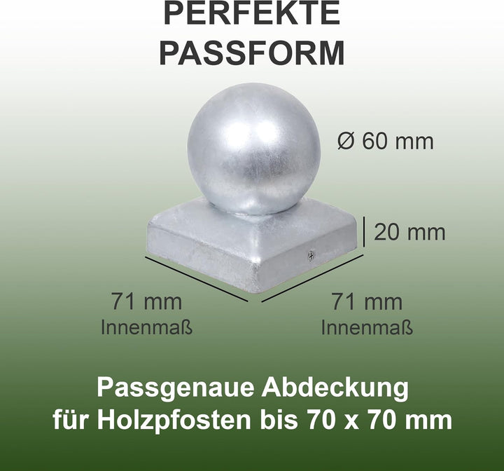 h2i Pfostenkappe Kugel | Stahl verzinkt | 71 x 71 mm | 10 Stück | Eckige Abdeckkappe für Garten Holz