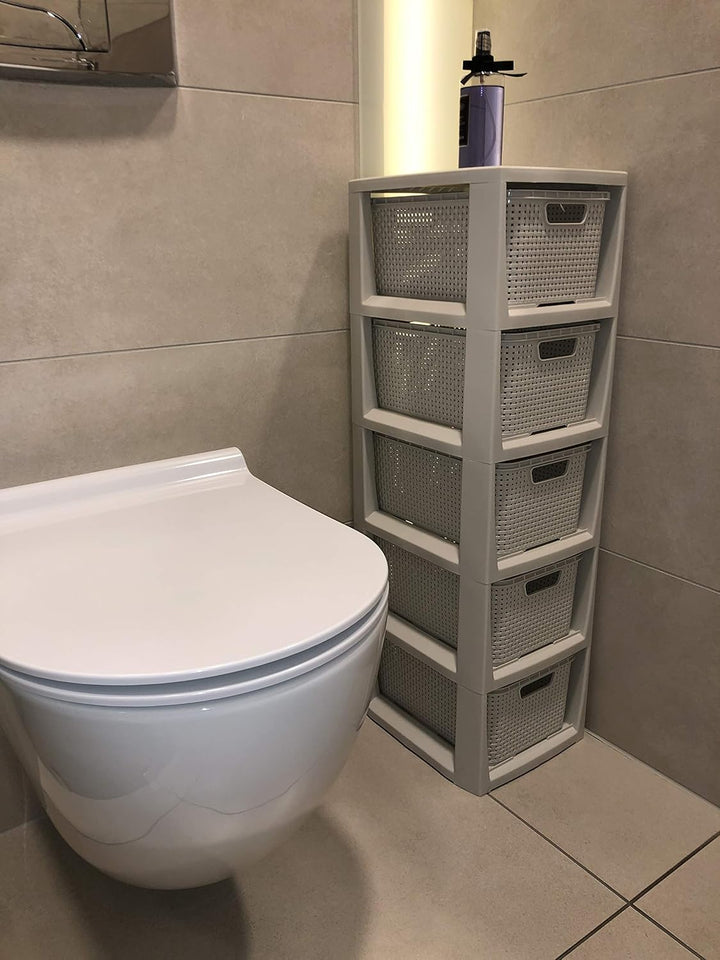 BranQ - Home essential Regal in Rattan Design, Creme, 5 Körben 5 Körben Creme, 5 Körben Creme