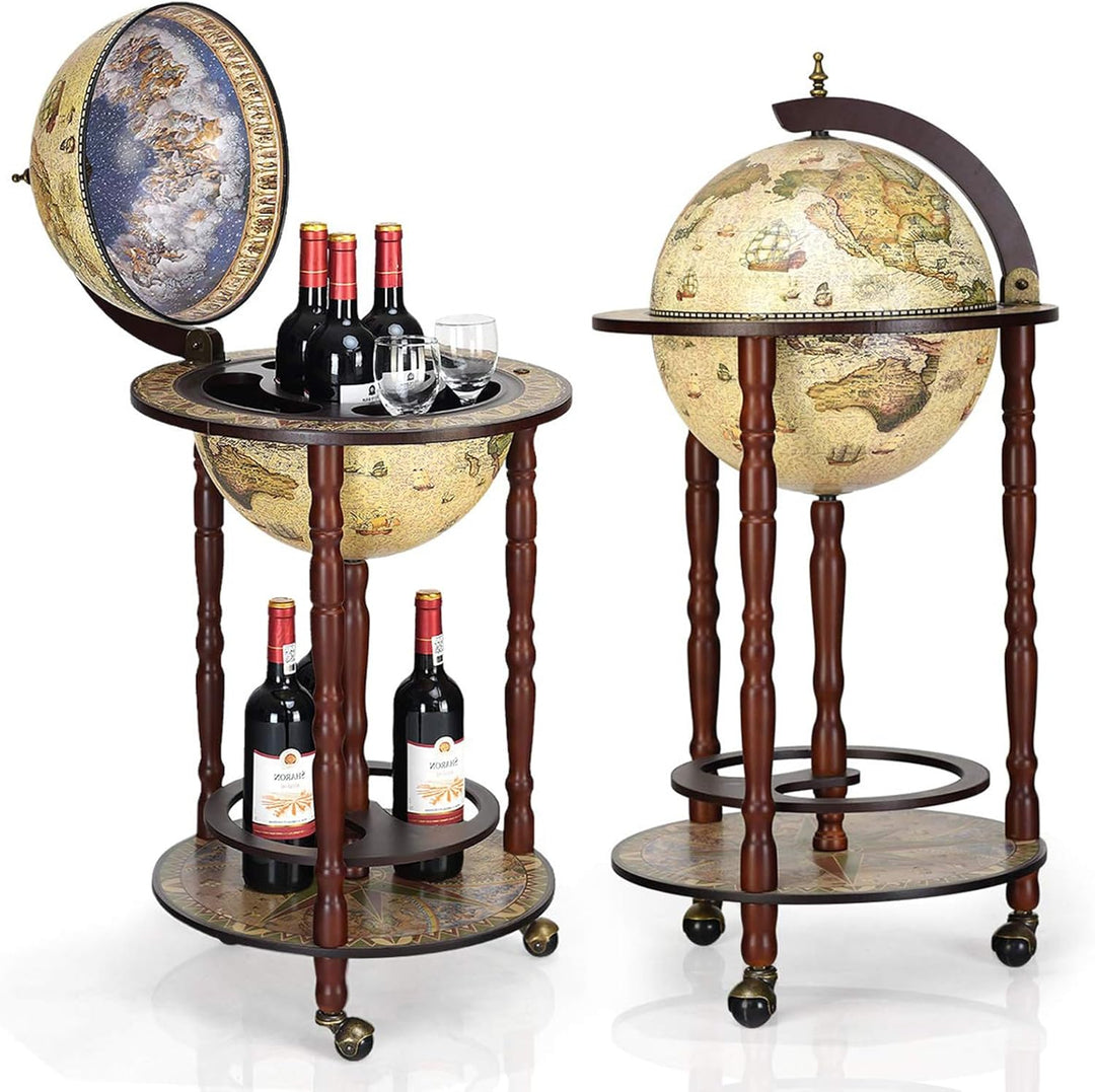 DREAMADE Globus Bar Barwagen, Weinregal auf Rollen, Minibar Globus Hausbar, Servierwagen mit Klassis