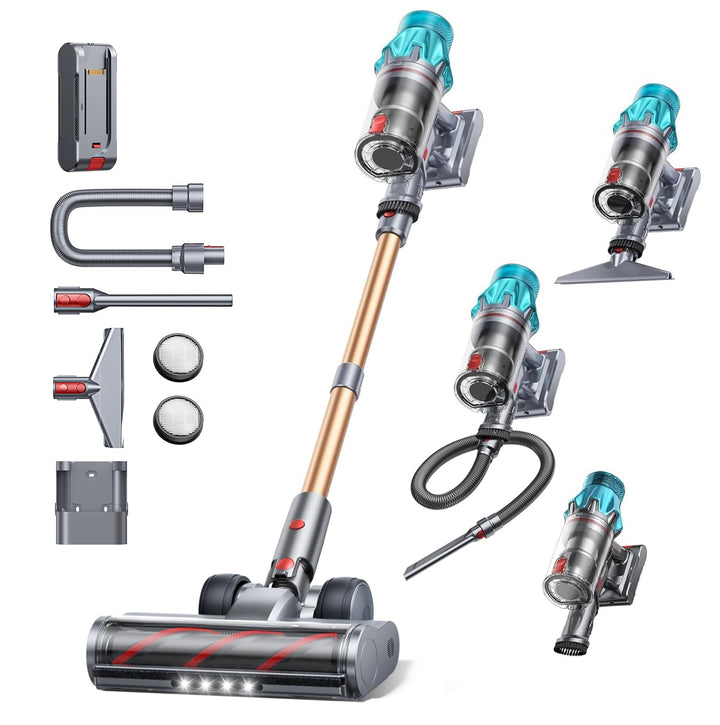 Fieety Akku Staubsauger Kabellos, 50kPa/600W Starkes Saugen, 65Min, 1.6L Beutellos - 8-in-1 Mit Anti