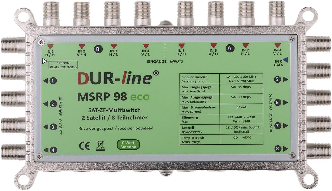 DUR-line MSRP 9/8 eco + Netzteil - Multischalter für 2 Satelliten/8 Teilnehmer - Geringe Stromaufnah