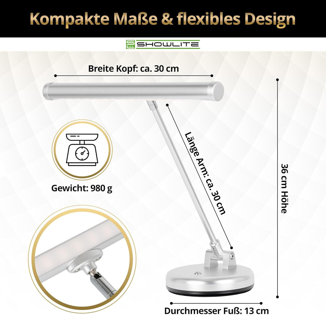 Showlite PL-1SL LED Klavierleuchte silber matt (Klavierlampe, 15 LEDs, 2 Stufen, 36 cm Höhe, Betrieb