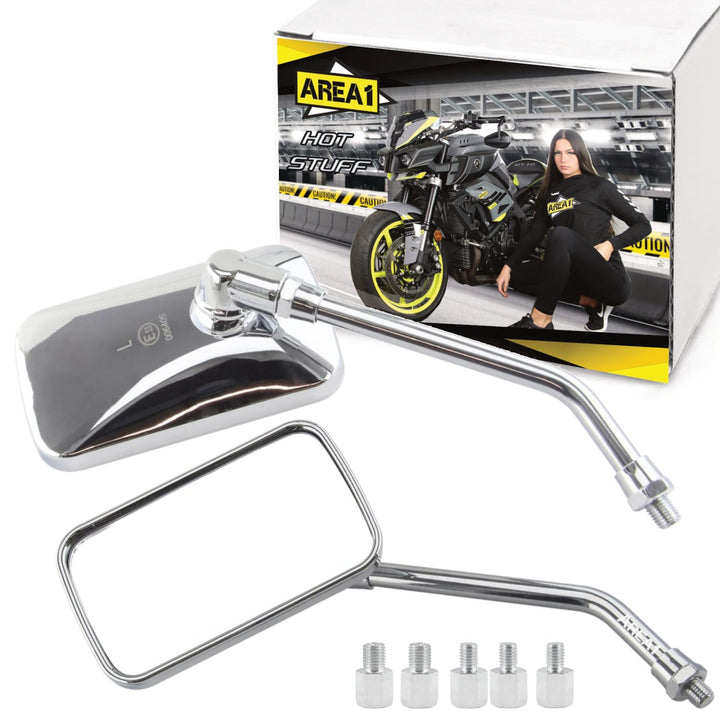 Area1 Universal Motorrad Rückspiegel Paar e-geprüft 2xM10 Rechtsgewinde + 5Adapter, Spiegel kompatib
