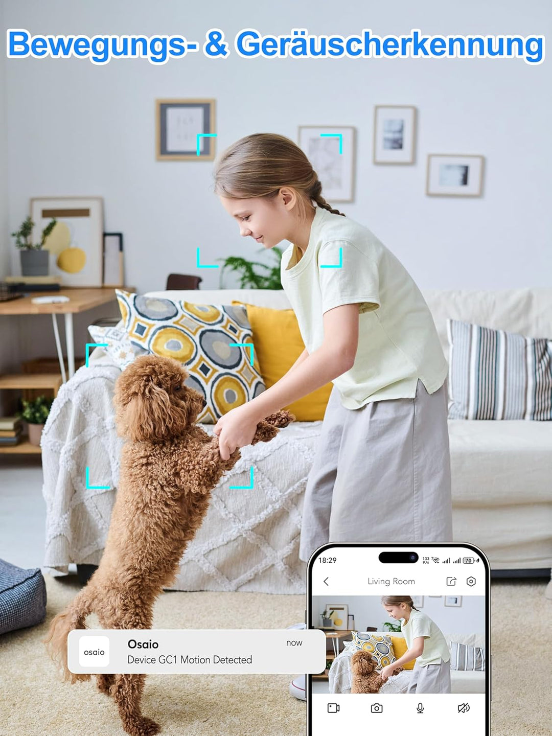Überwachungskamera Innen 2K 3MP, WLAN Babyphone und Haustierkamera mit Bewegungserkennung, Zwei-Wege