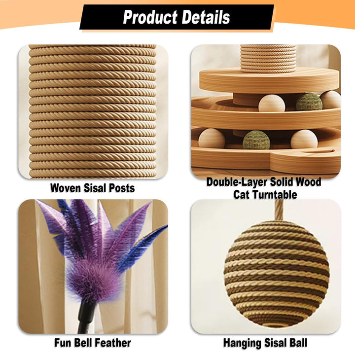 Kongming 4 in 1 Katzenspielzeug hölzernes, Katze Sisal Seil Kratzbaum mit hängenden Ball, Interaktiv