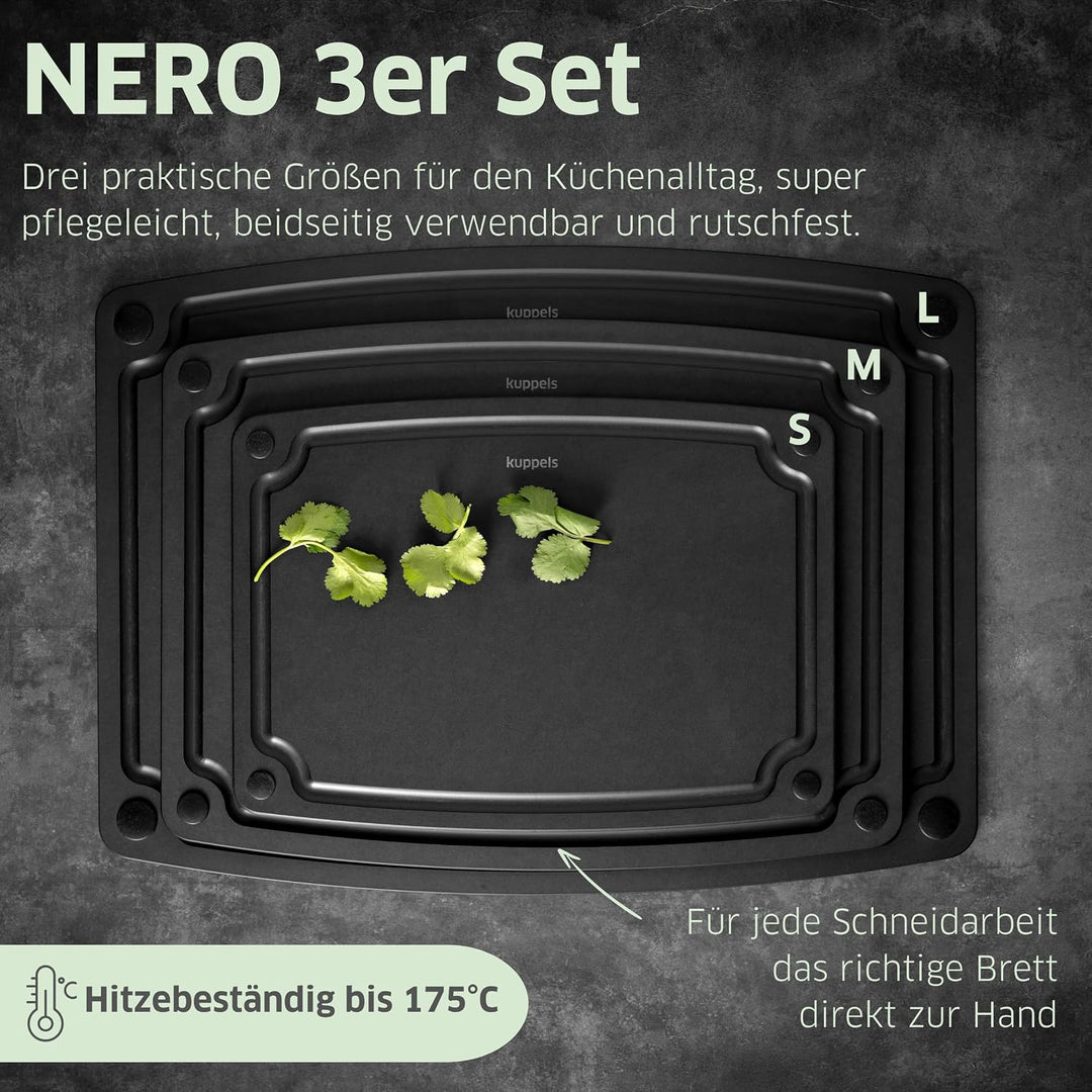 Kuppels NERO Holzfaser Schneidebrett Set 3-teilig, Küchenbretter ohne Plastik mit Saftrille und Sili