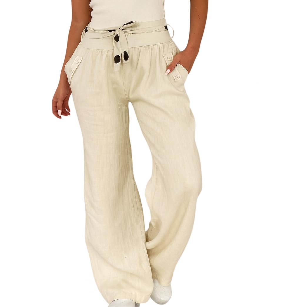 Mississhop Damen Leinenhose Freizeithose 100% Leinen Hose Elegante Stoffhose, XXL Beige