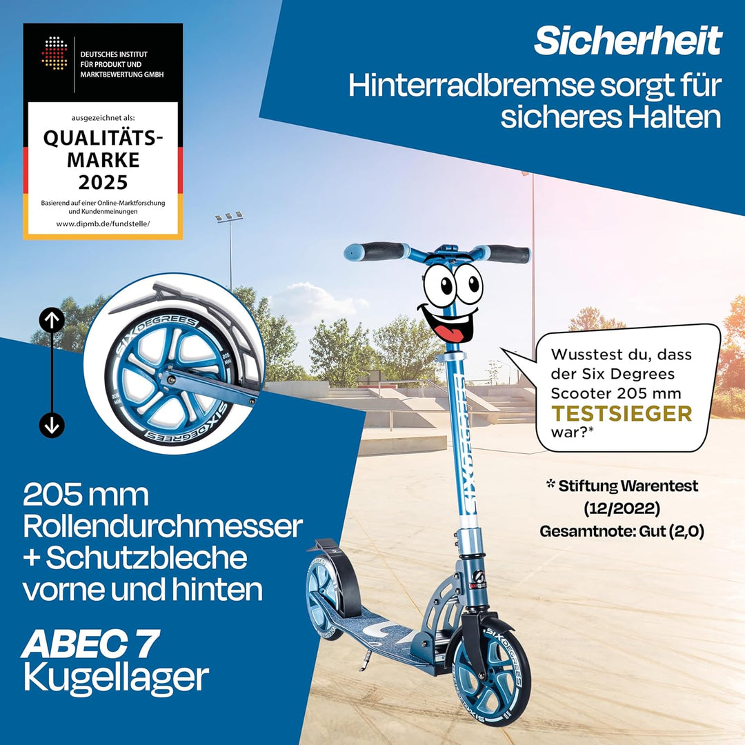 Six Degrees Aluminium Scooter mit Klappmechanismus, Ständer, 205 mm TESTSIEGER, ABEC 7, höhenverstel