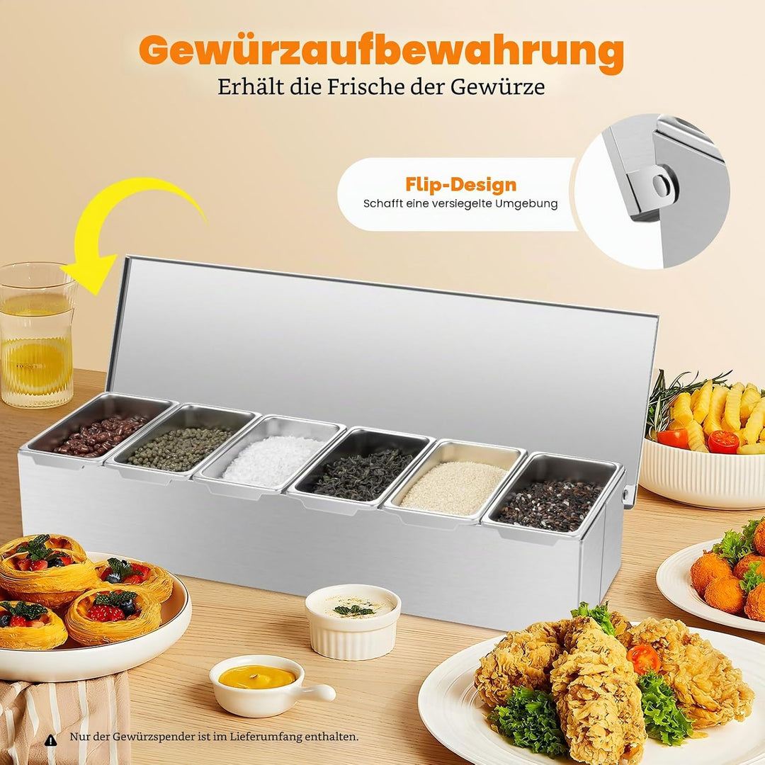 Gewürzbox 6 Gitter X 450ml Edelstahl, Zutatenbehälter | Beilagenbehälter | Pizza Zutatenbehälter | T