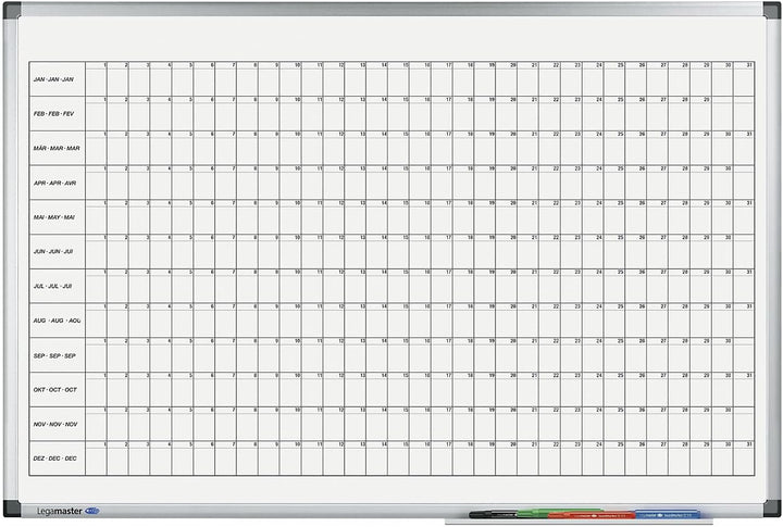 Legamaster 7-411000 Premium Jahresplaner, UV-gehärtetes Whiteboard, horizontale Jahresübersicht, 90