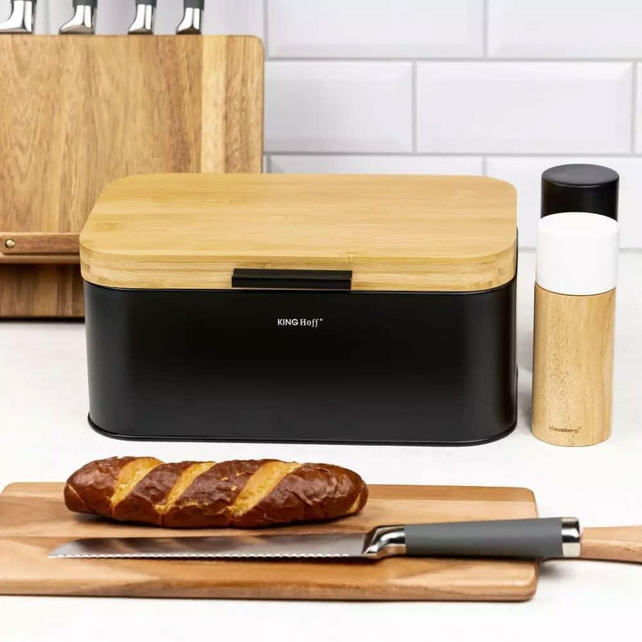 KING HOFF Stahl Brotbox Brotkasten mit Bambusdeckel Schwarz, Schwarz
