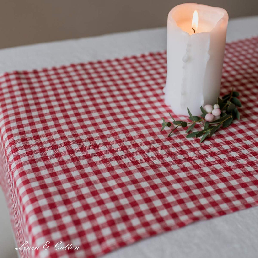Linen & Cotton Tischläufer Stoff Tischdekoration Tischwäsche Estella - 100% Leinen, Weiss Weiss Rot