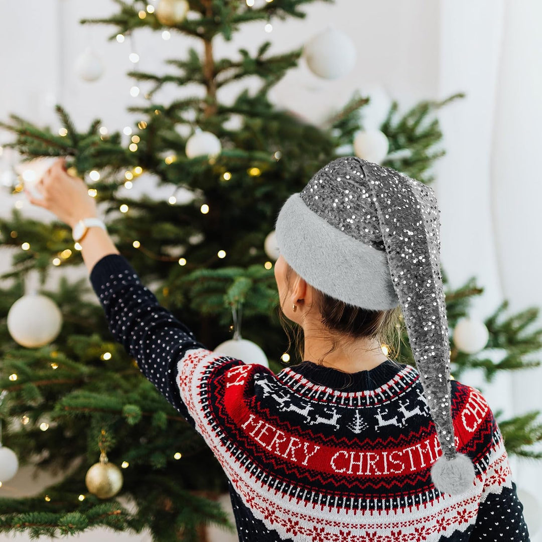 Samt Weihnachtsmannmütze für Erwachsene, Glitzer Seiden Nikolausmütze für Männer und Frauen, doppelt