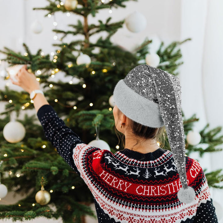 Samt Weihnachtsmannmütze für Erwachsene, Glitzer Seiden Nikolausmütze für Männer und Frauen, doppelt