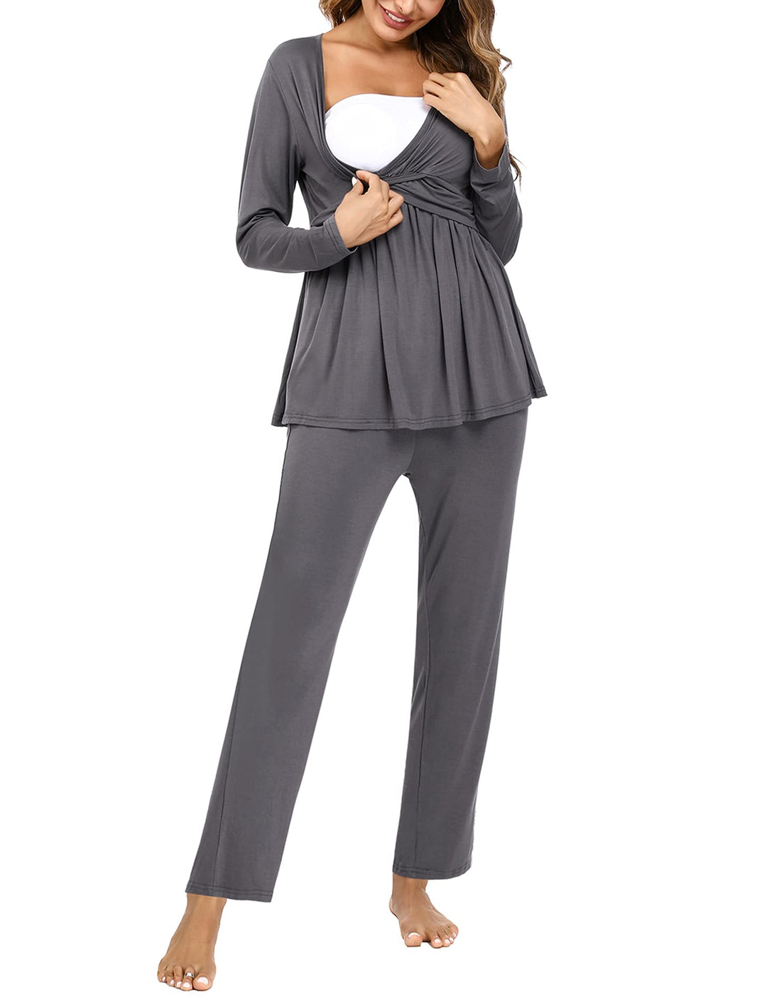 Litherday Stillpyjama Lang Umstandspyjama Langarm Zweifarbiger Baumwolle Stillzeit Nachtwäsche Still