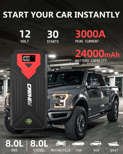 CARHEV 3000A Starthilfe Powerbank, 27000mAh Auto starthilfe für bis zu 8L Benzin & 8L Dieselmotor, 1