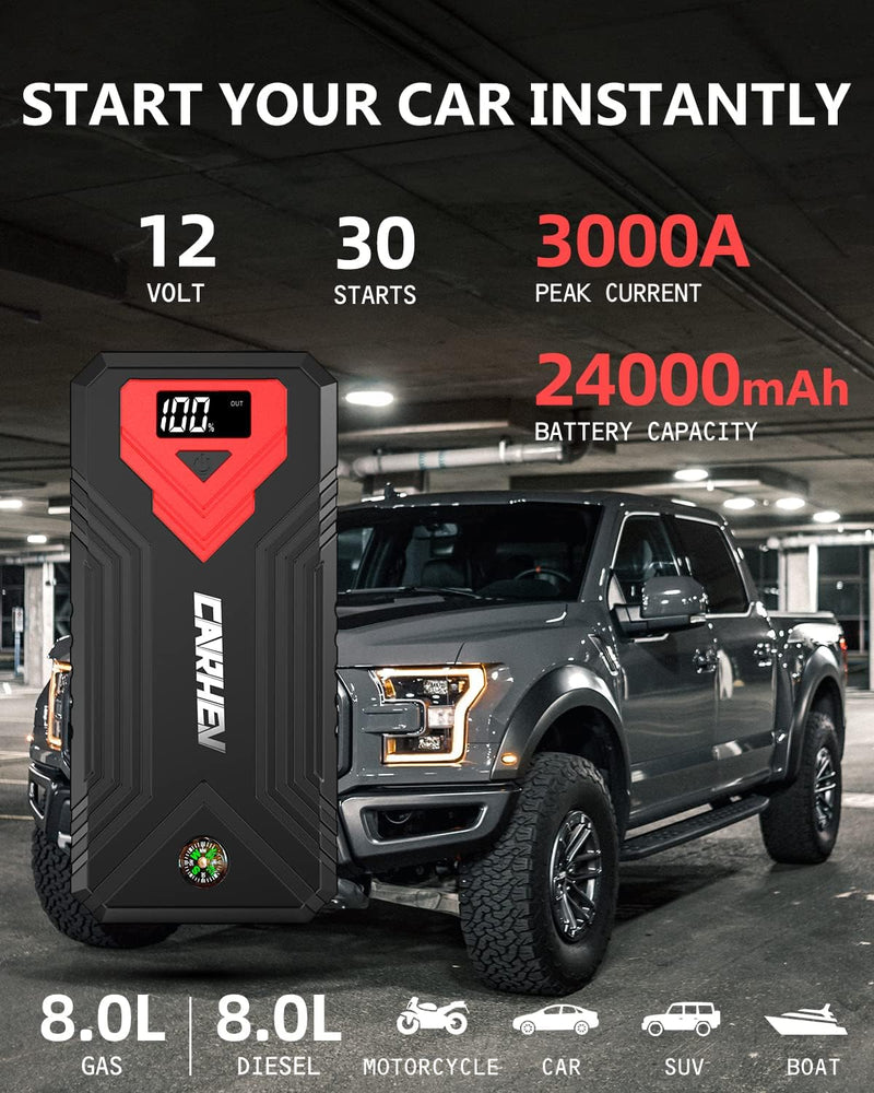 CARHEV 3000A Starthilfe Powerbank, 27000mAh Auto starthilfe für bis zu 8L Benzin & 8L Dieselmotor, 1