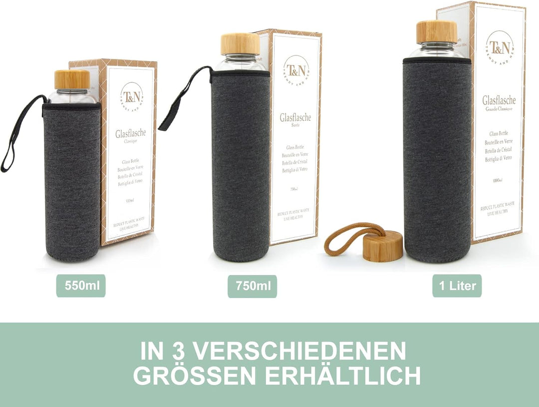 T&N Glasflasche 1 Liter / 750ml / 500ml – Trinkflasche Glas 1l mit Neoprenhülle – Wasserflasche Ausl