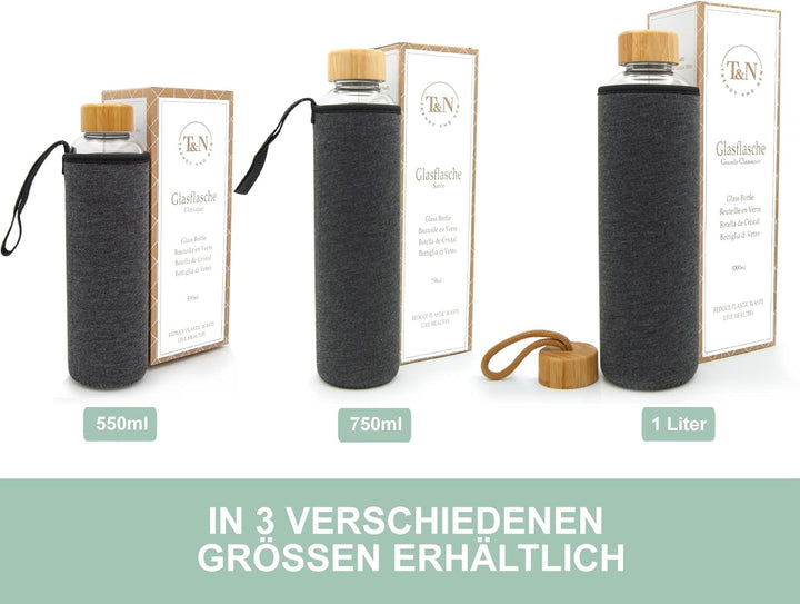 T&N Glasflasche 1 Liter / 750ml / 500ml – Trinkflasche Glas 1l mit Neoprenhülle – Wasserflasche Ausl