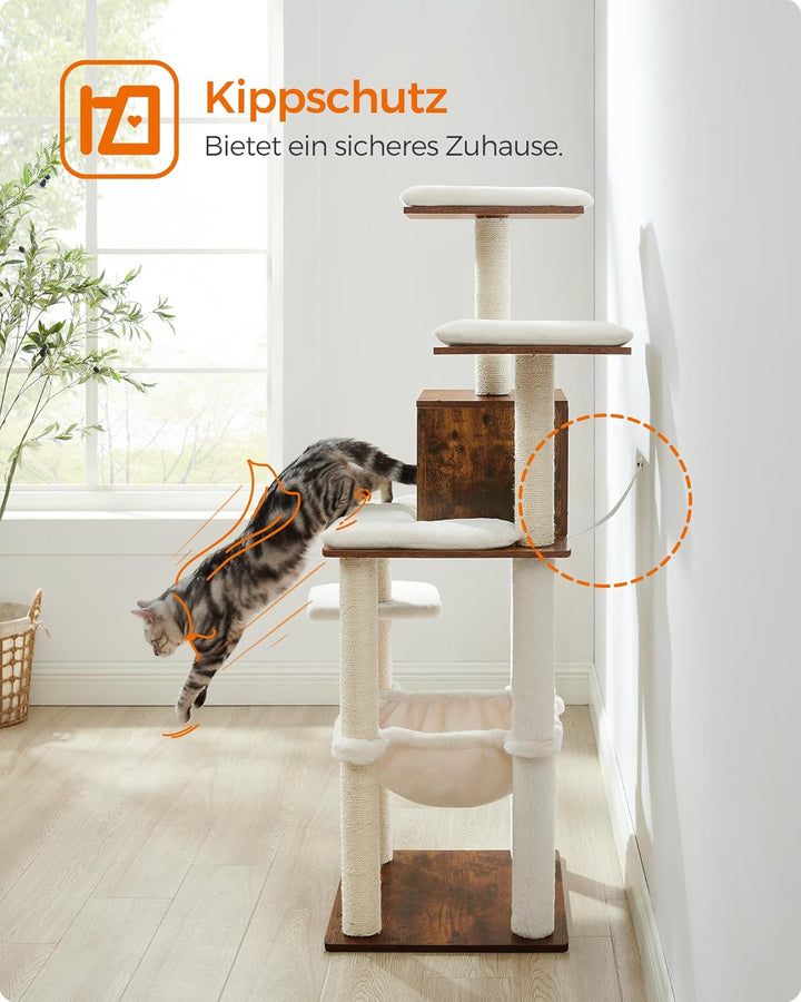 Feandrea Kratzbaum, 138 cm Katzenbaum, modern, mehrstöckiger Katzenkratzbaum, Kuschelhöhle, Sisalstä
