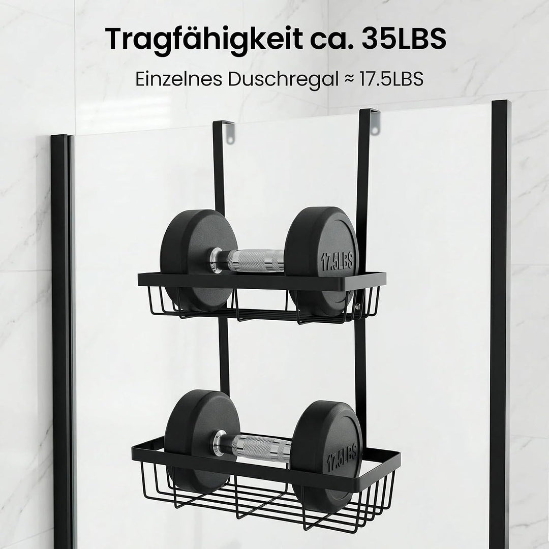 Duschablage zum Hängen Schwarz, Duschregal Ohne Bohren für Badezimmer Organizer Hängeregal mit 2 Dus