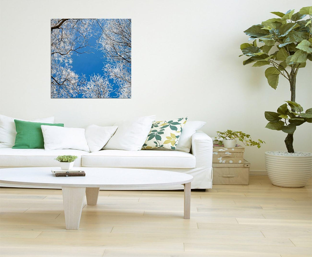 80x80cm - Fotodruck auf Leinwand und Rahmen Winterlandschaft Bäume Frost Schnee - Leinwandbild auf K