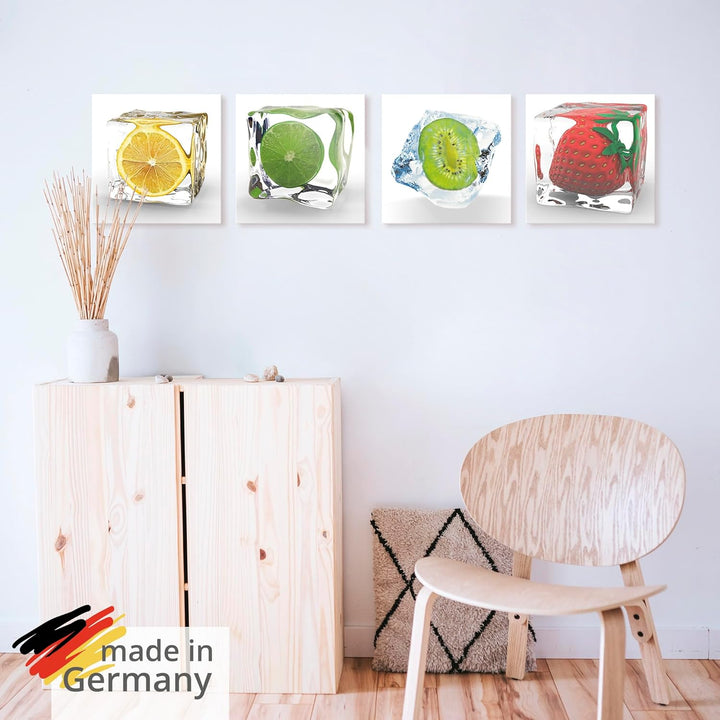 ARTland Glasbilder Wandbild Glas Bild Set 4 teilig je 20x20 cm Quadratisch Früchte im Eiswürfel Obst
