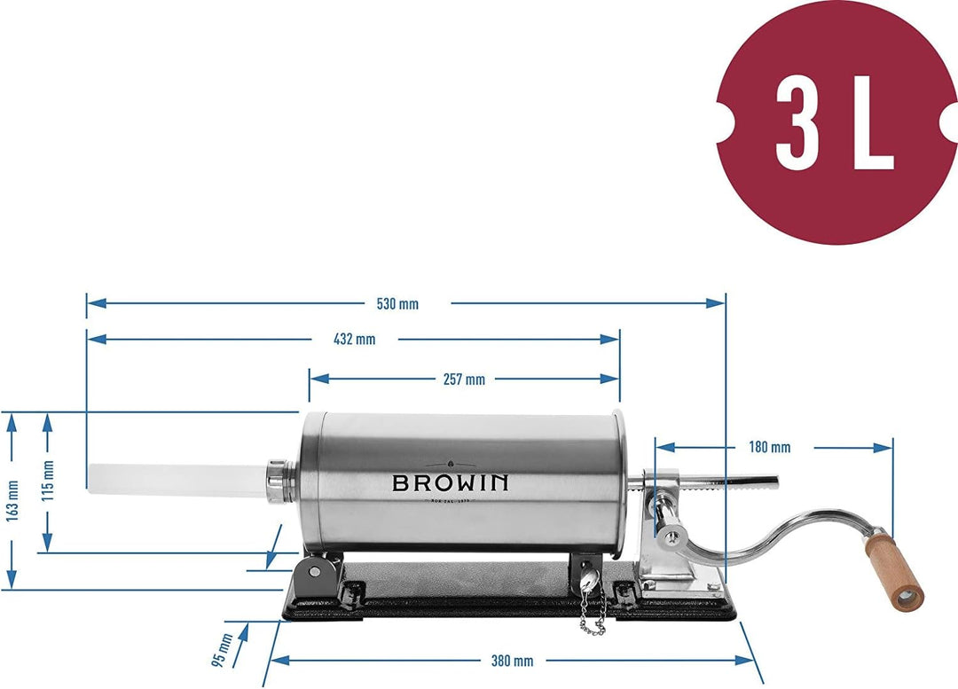 Browin 311003 Waagerechter 3 kg, Wurstmaschine Wurstfüllmaschine Manuell Wurstfüller, Edelstahl, 3 k