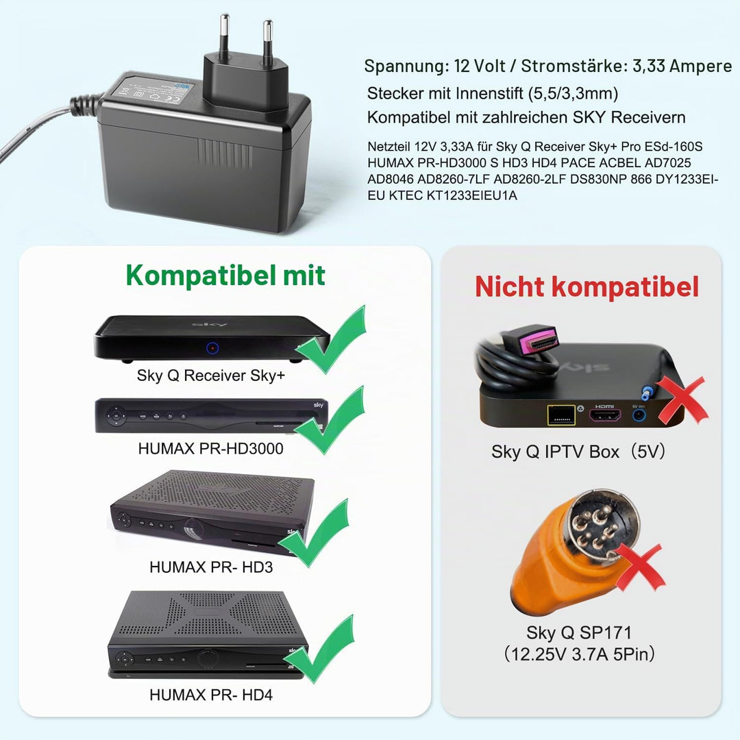 KFD Netzteil 12V 3,33A Ladegerät Ladekabel für Sky Q Receiver PR-HD3000 PR-HD3000 S HD3 HD4 Sky+ Pro