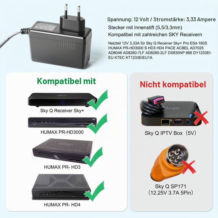 KFD Netzteil 12V 3,33A Ladegerät Ladekabel für Sky Q Receiver PR-HD3000 PR-HD3000 S HD3 HD4 Sky+ Pro