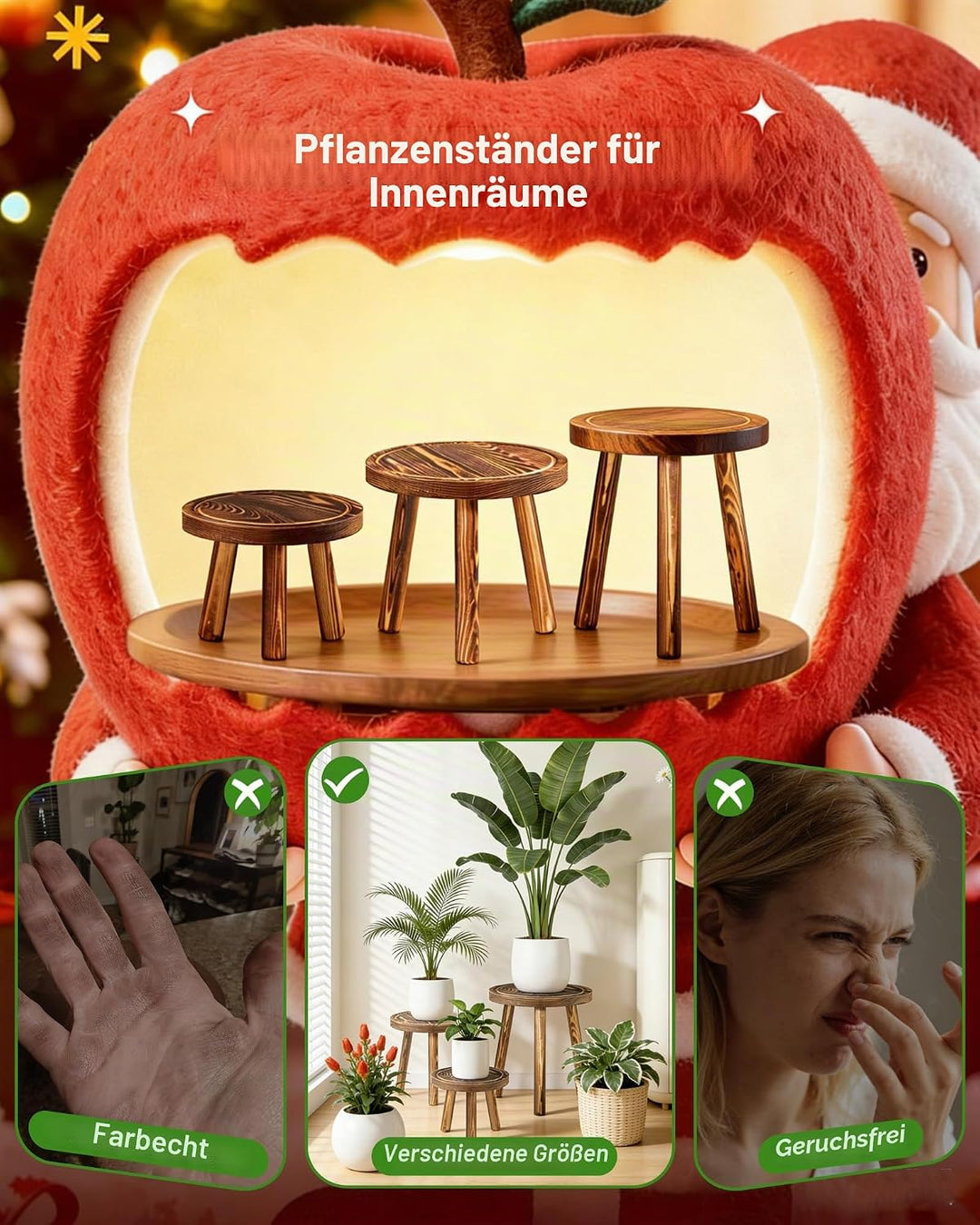 Blumenständer Holz 3er-Set, 5.9" 9/7.9"/11" Höhen Blumenhocker, Pflanzenständer Blumentopfständer Fü