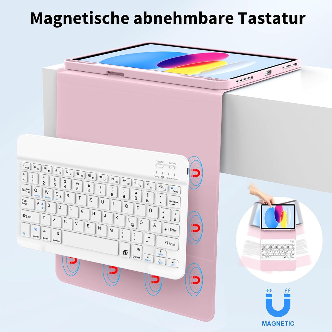 Tastatur Hülle für iPad (A16 /10.) 2025/2022 QWERTZ, Helles Rosa, Helles Rosa