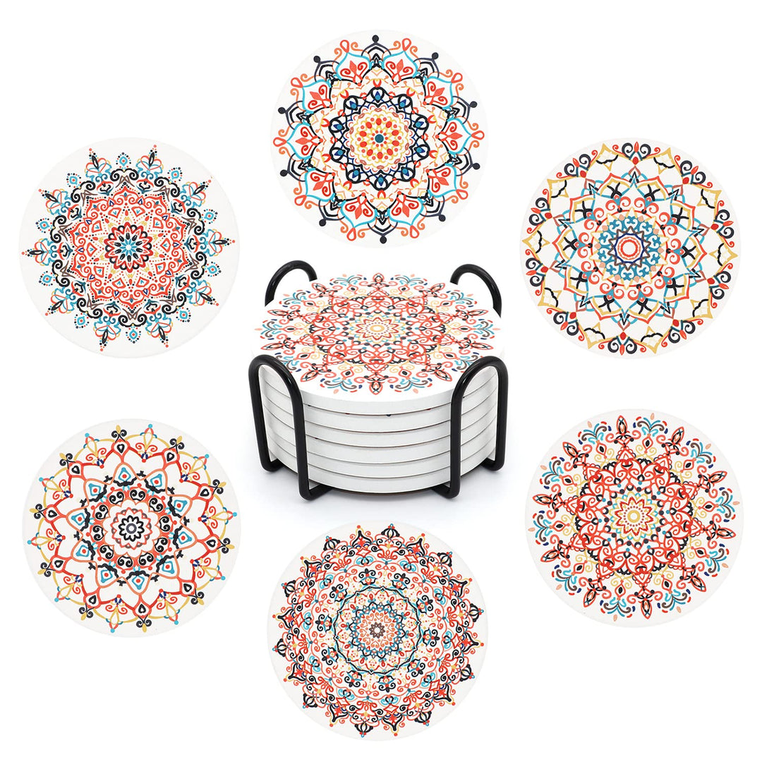 6 Stücke Blumen Muster Untersetzer Set mit Halter,Durchmesser 10,3 cm Saugfähige Keramische Korkbode