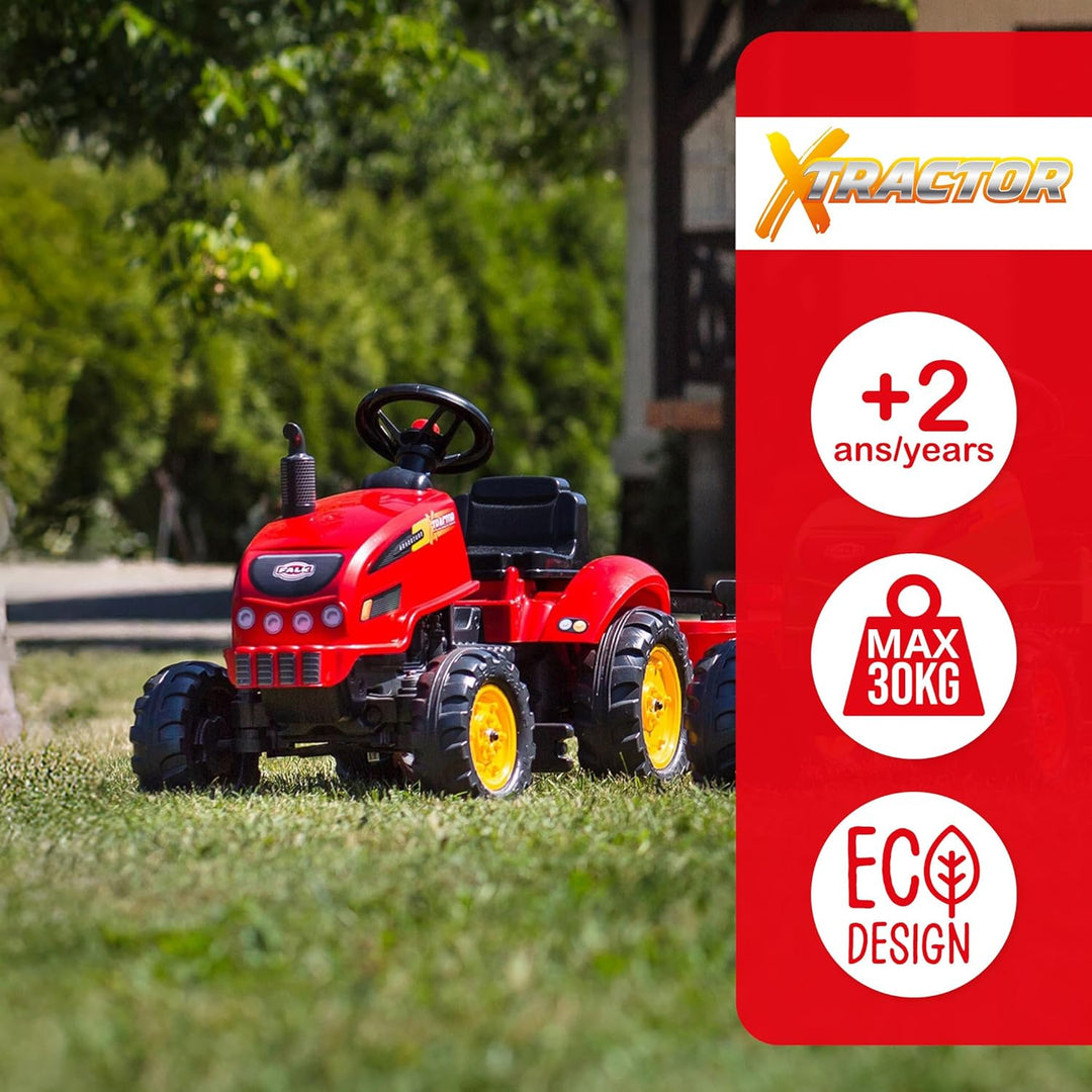 FALK - Traktor mit Pedalen X Tractor – Rot – mit Haube zum Öffnen und Anhänger ab 2 Jahren – 2046AB