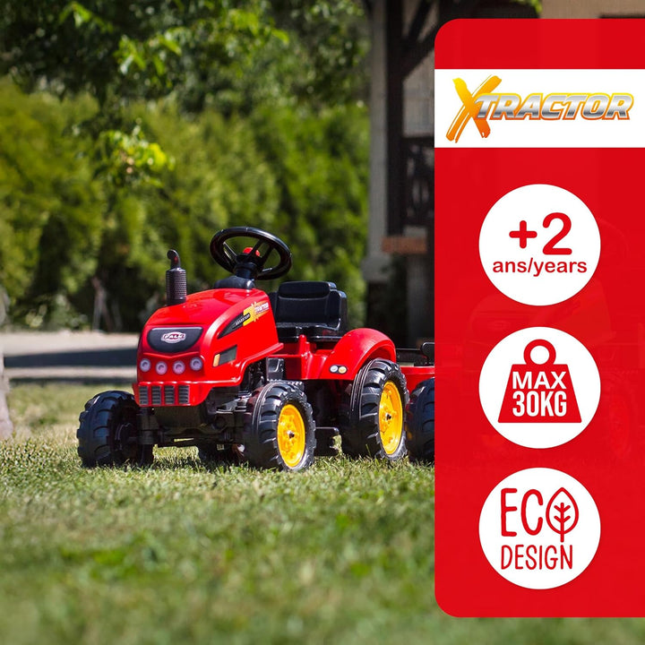FALK - Traktor mit Pedalen X Tractor – Rot – mit Haube zum Öffnen und Anhänger ab 2 Jahren – 2046AB