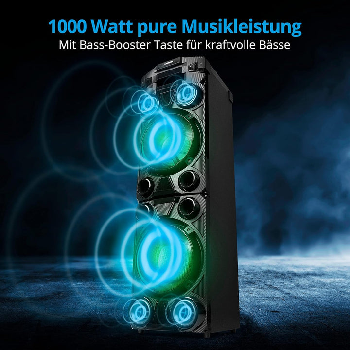 MEDION X67015 Party-Soundsystem mit Bluetooth 2.1 (Kompaktanlage, 1000 Watt, 2 x 100 Watt RMS, PLL U