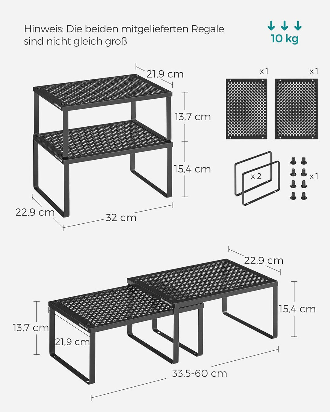 SONGMICS Gewürzregal, 2er Set, Küchenregal, Küchen-Organizer, Küche, Gewürzhalter, erweiterbar, stap