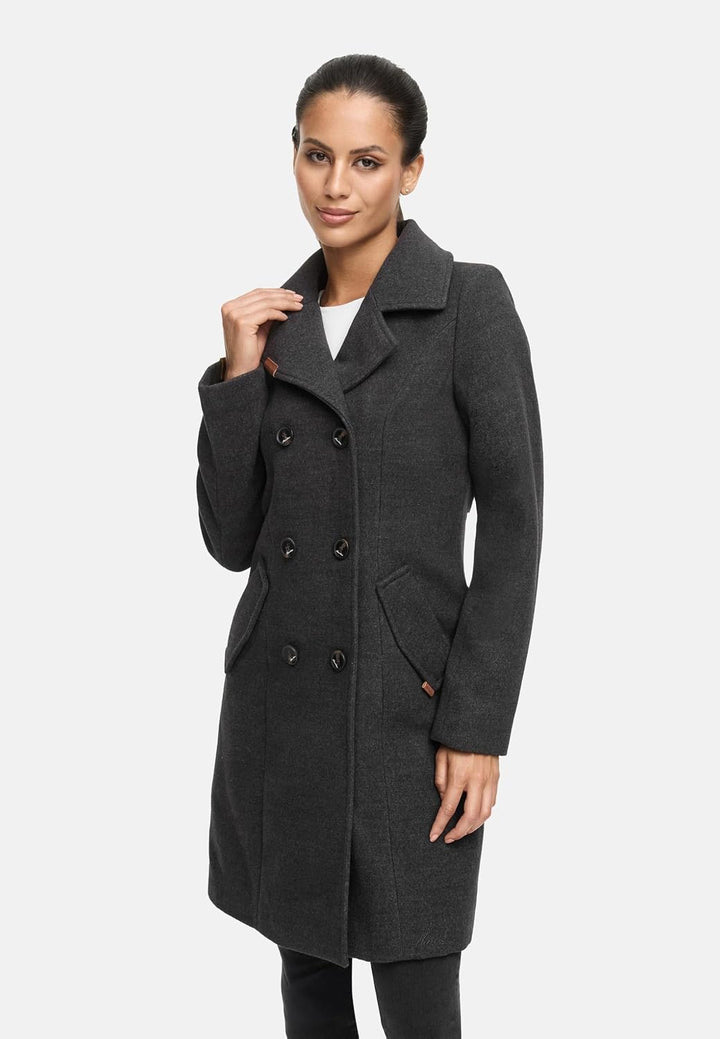 MARIKOO Damen Wintermantel Warmer Wollmantel lang Nanakoo XS-XXL S Anthrazit, S Anthrazit