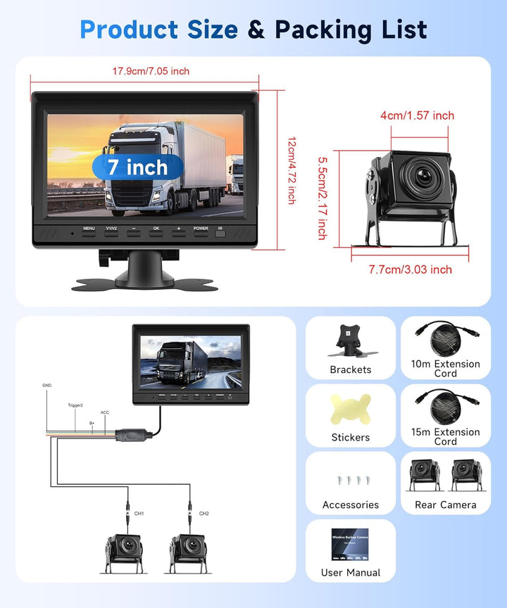 Rimoody Rückfahrkamera Set, 7 Zoll IPS Monitor mit 2 Rückfahrkameras 15m+10m Kabel, DVR, Loop Video,