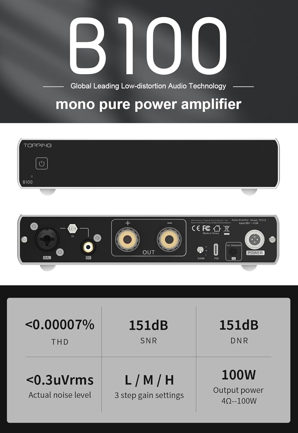 Topping B100 Reiner Mono-Leistungsverstärker - 100W Ausgangsleistung BAL/SE Eingang 3 Verstärkung 15