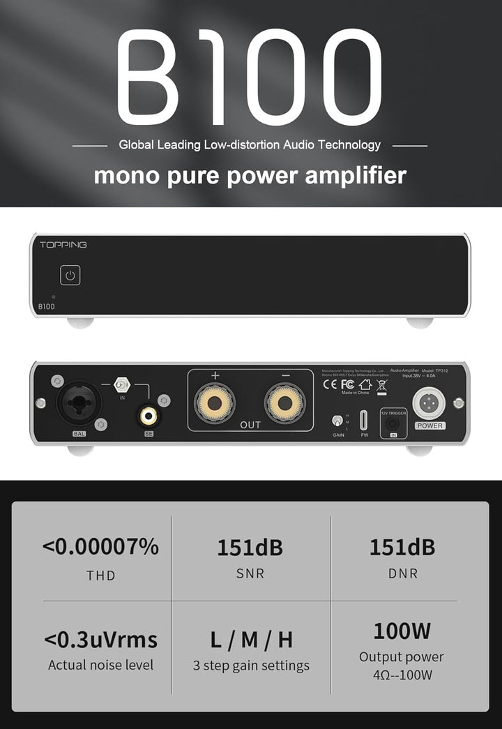 Topping B100 Reiner Mono-Leistungsverstärker - 100W Ausgangsleistung BAL/SE Eingang 3 Verstärkung 15