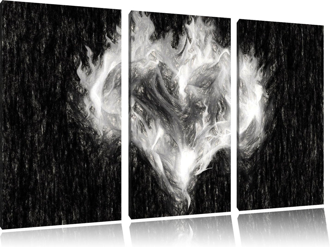 Pixxprint Dark - Herz aus Feuer und Wasser Kohle Effekt 3-Teiler Leinwandbild 120x80 Bild auf Leinwa