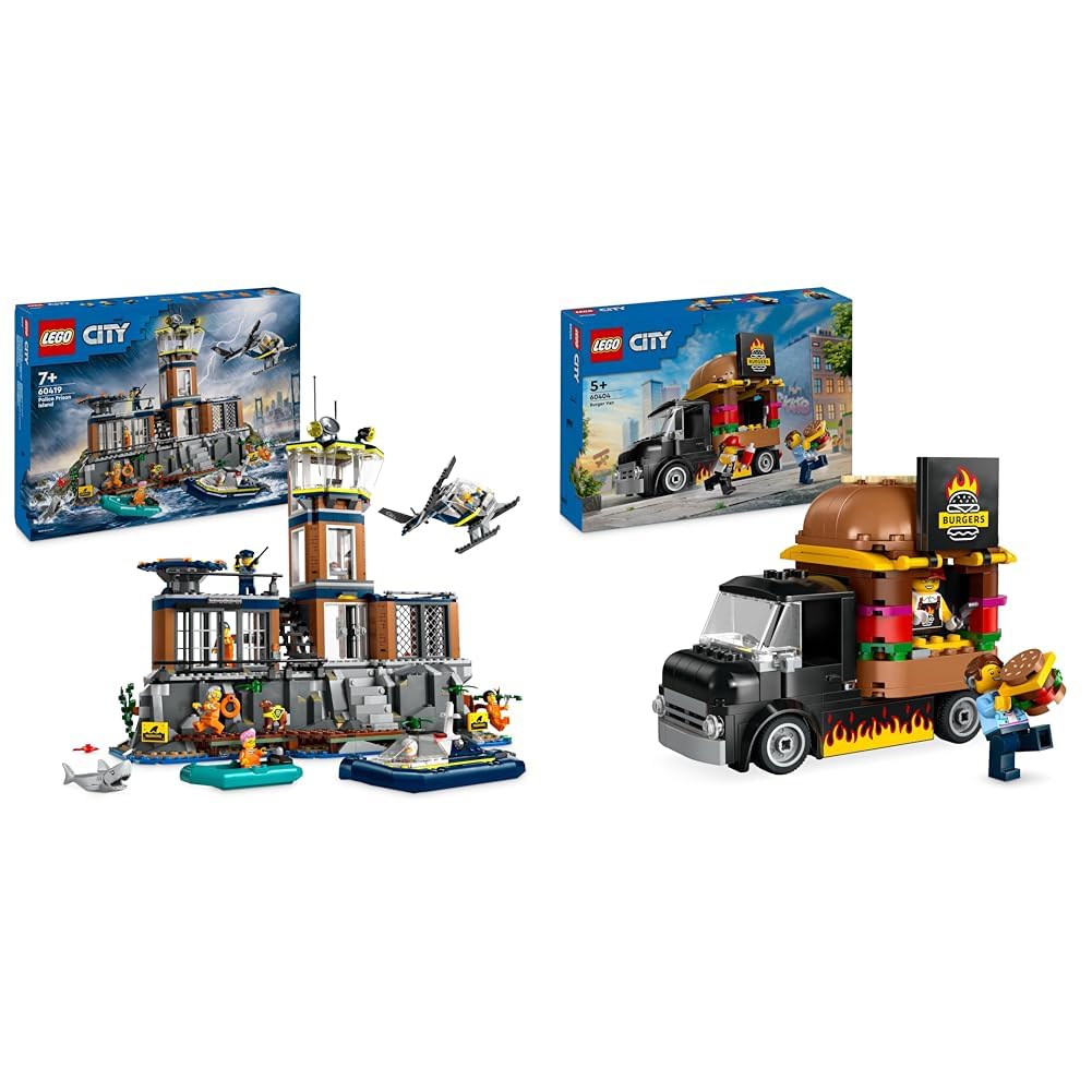 LEGO City Polizeistation auf der Gefängnisinsel, Polizei-Spielzeug mit Hubschrauber & City Burger-Tr